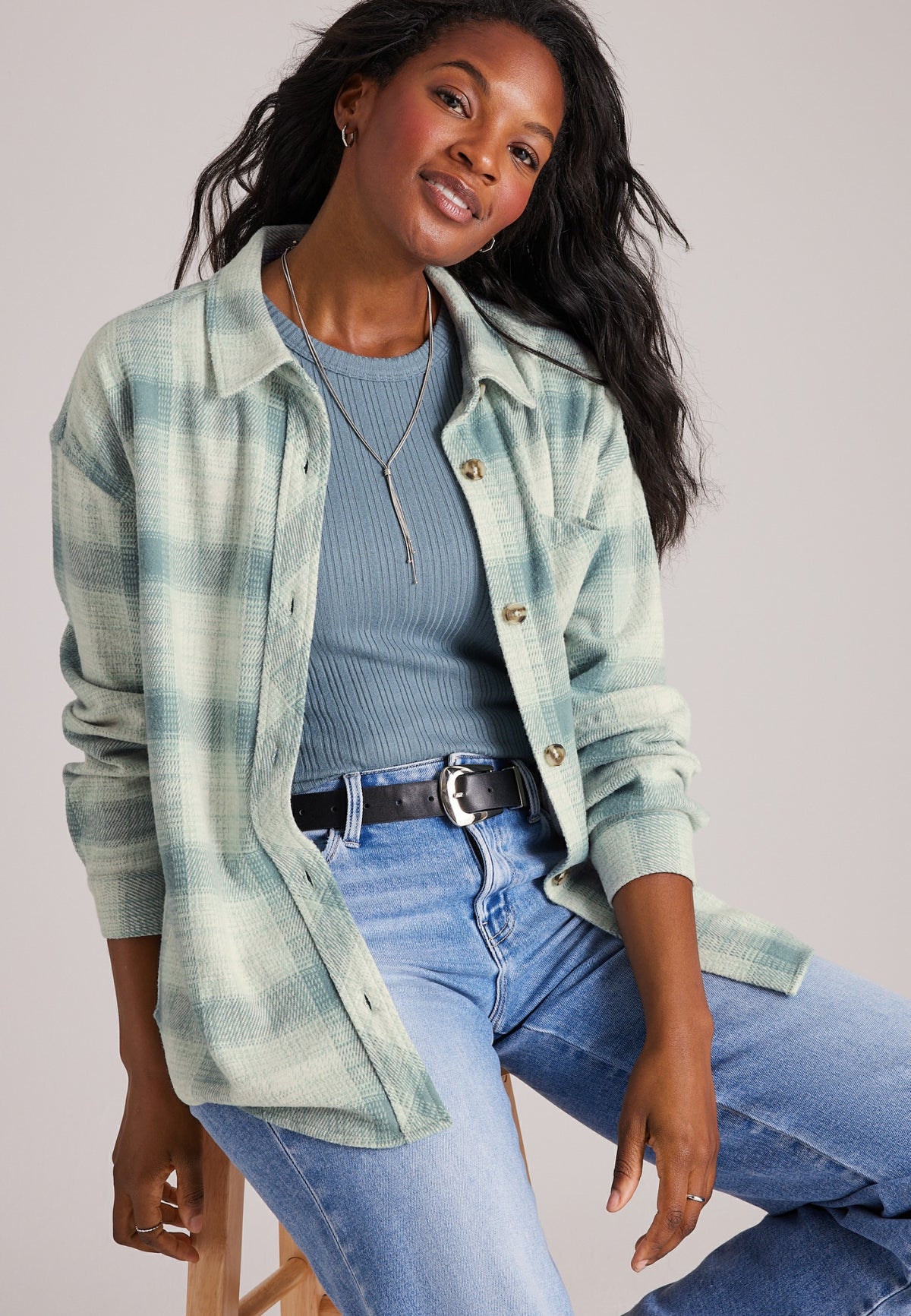 Maurices Knit Jacquard Plaid Button Front Shirt