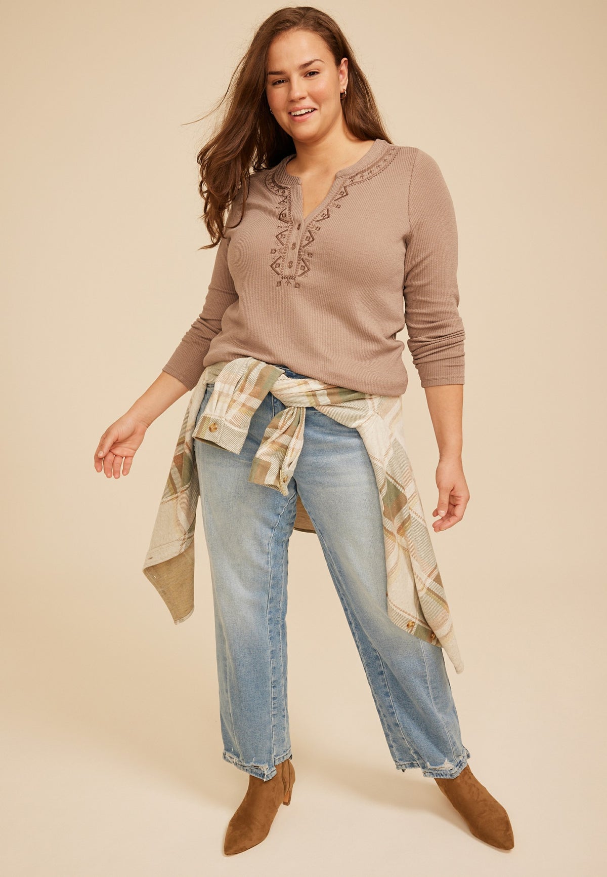 Maurices Plus Size Embroidered Ribbed Henley Top