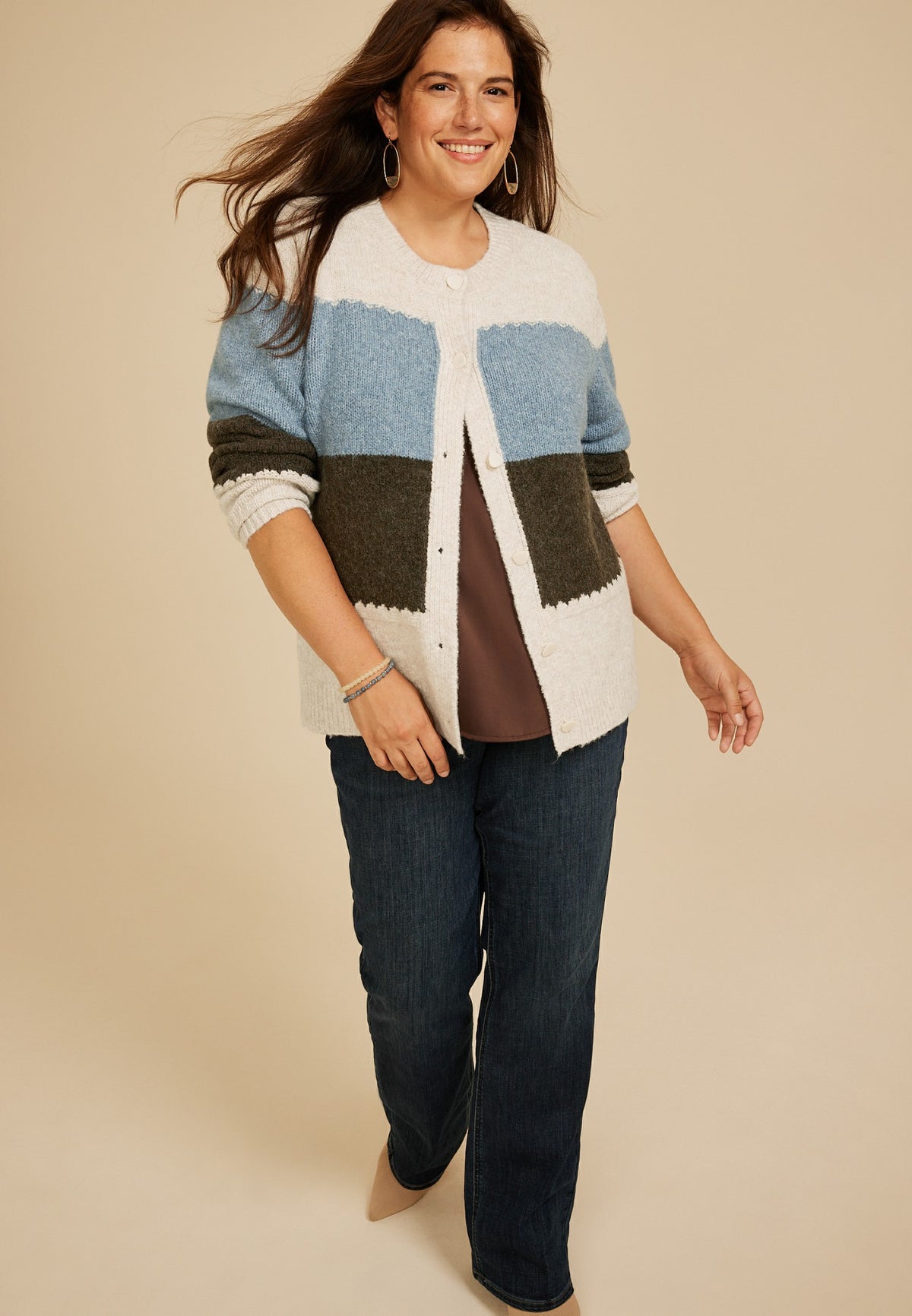 Maurices Plus Size Colorblock Crew Neck Button Front Cardigan