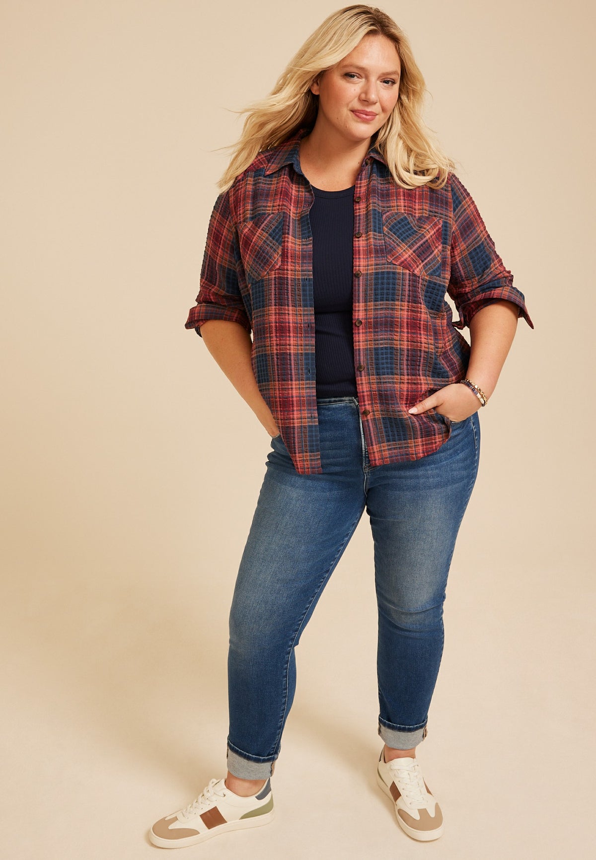 Maurices Plus Size Pucker Plaid Button Down Shirt
