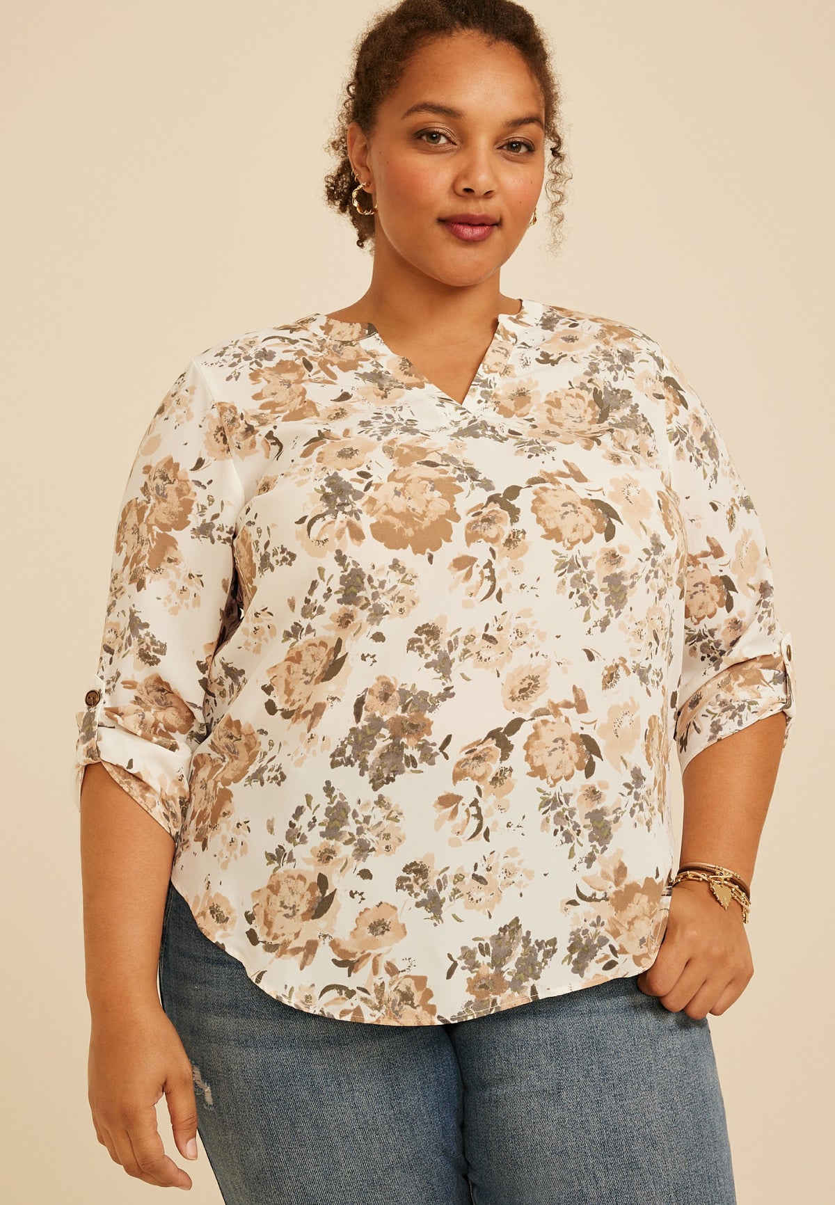 Maurices Plus Size Atwood Floral 3/4 Sleeve Popover Blouse