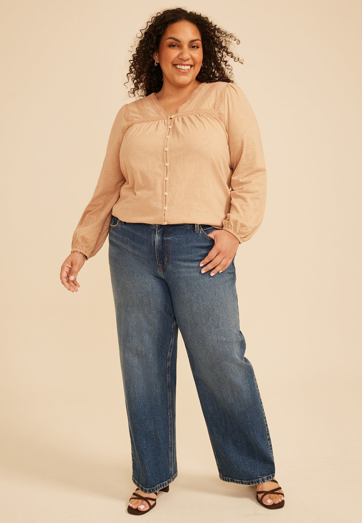 Maurices Plus Size Lace Trim V Neck Cotton Blouse