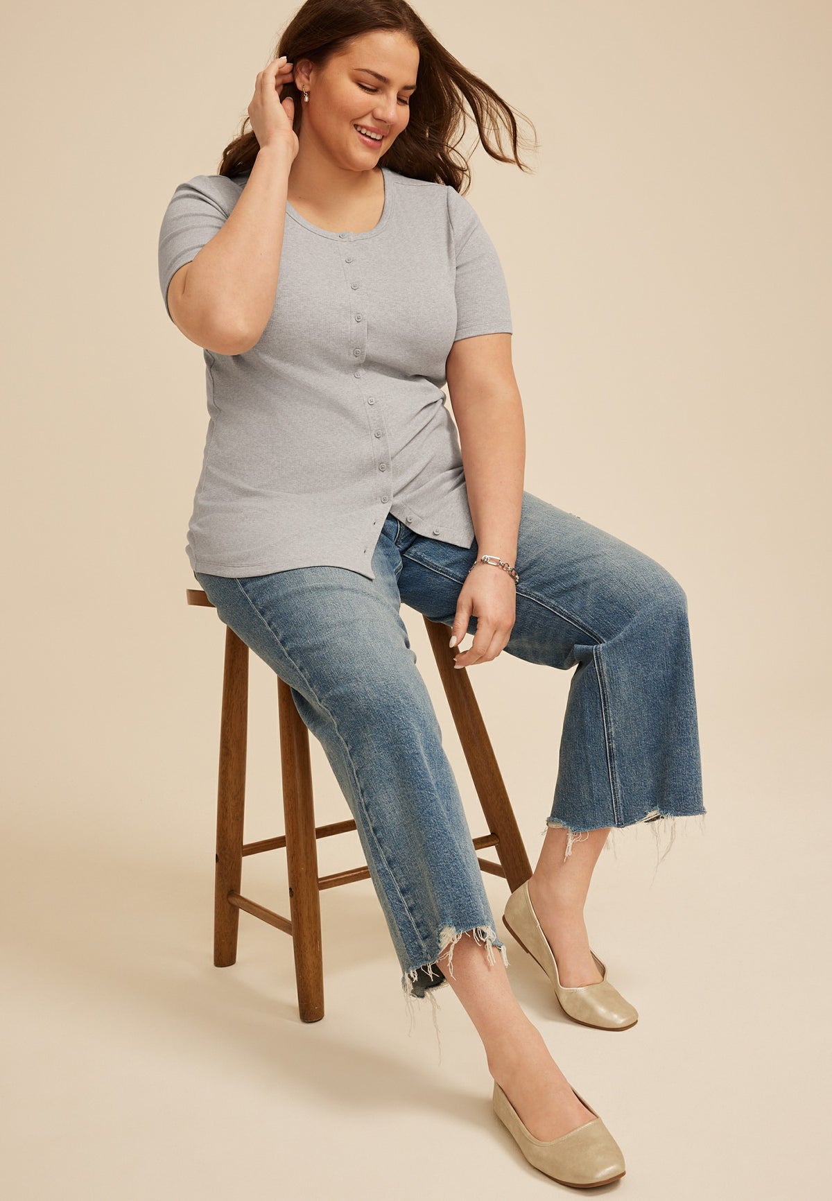 Maurices Plus Size Heather Gray Ribbed Button Front Short Sleeve Tee