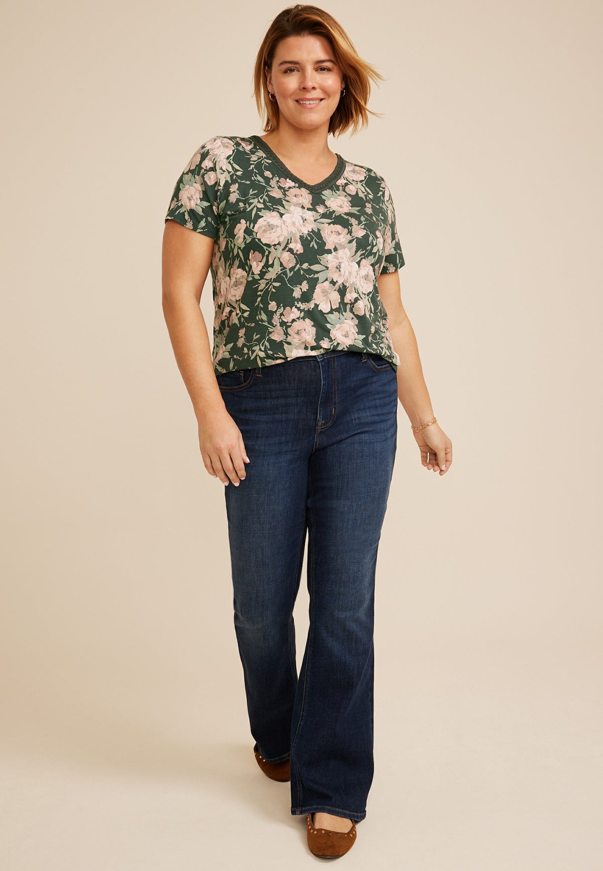 Maurices Plus Size Floral Crochet Trim V Neck Tee