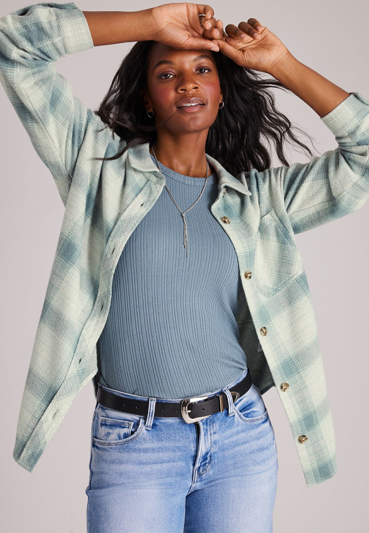 Maurices Knit Jacquard Plaid Button Front Shirt