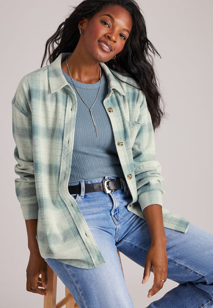 Maurices Knit Jacquard Plaid Button Front Shirt