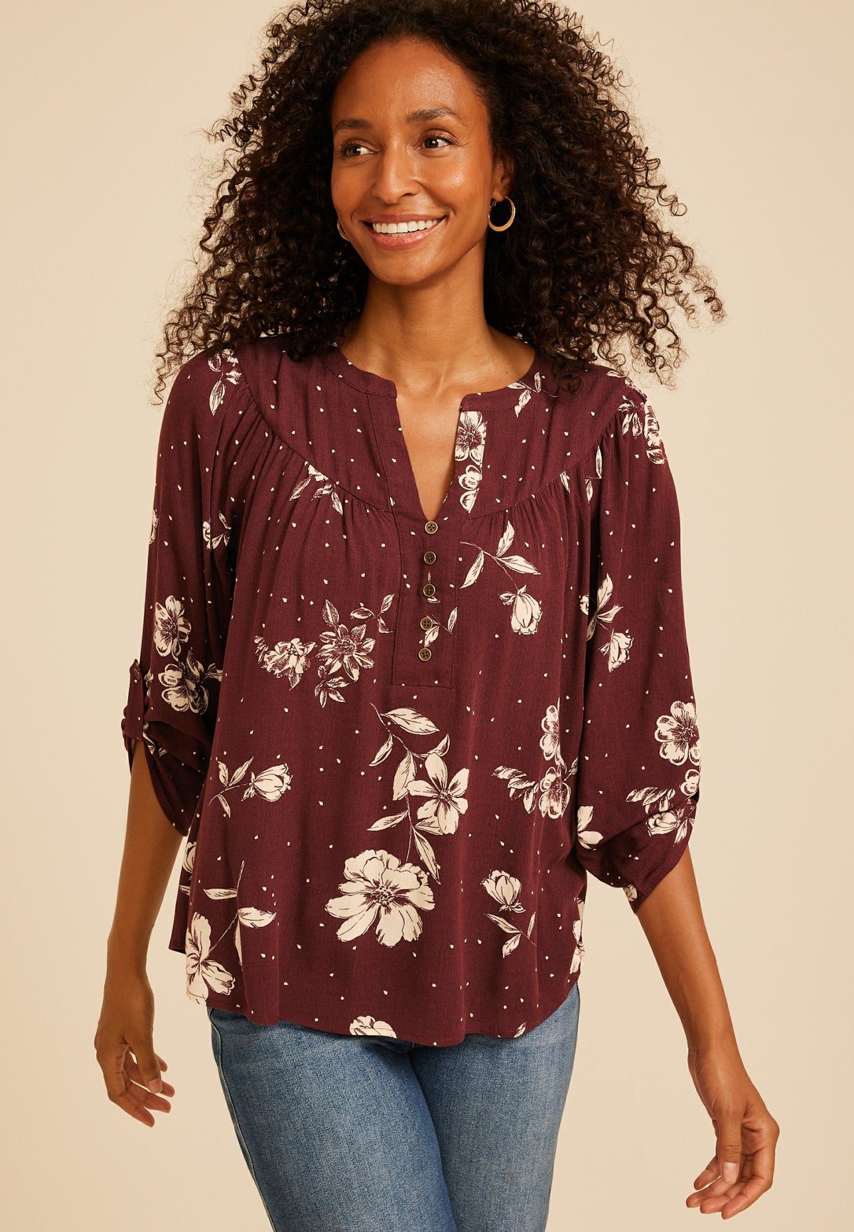 Maurices Floral Dot Henley Blouse