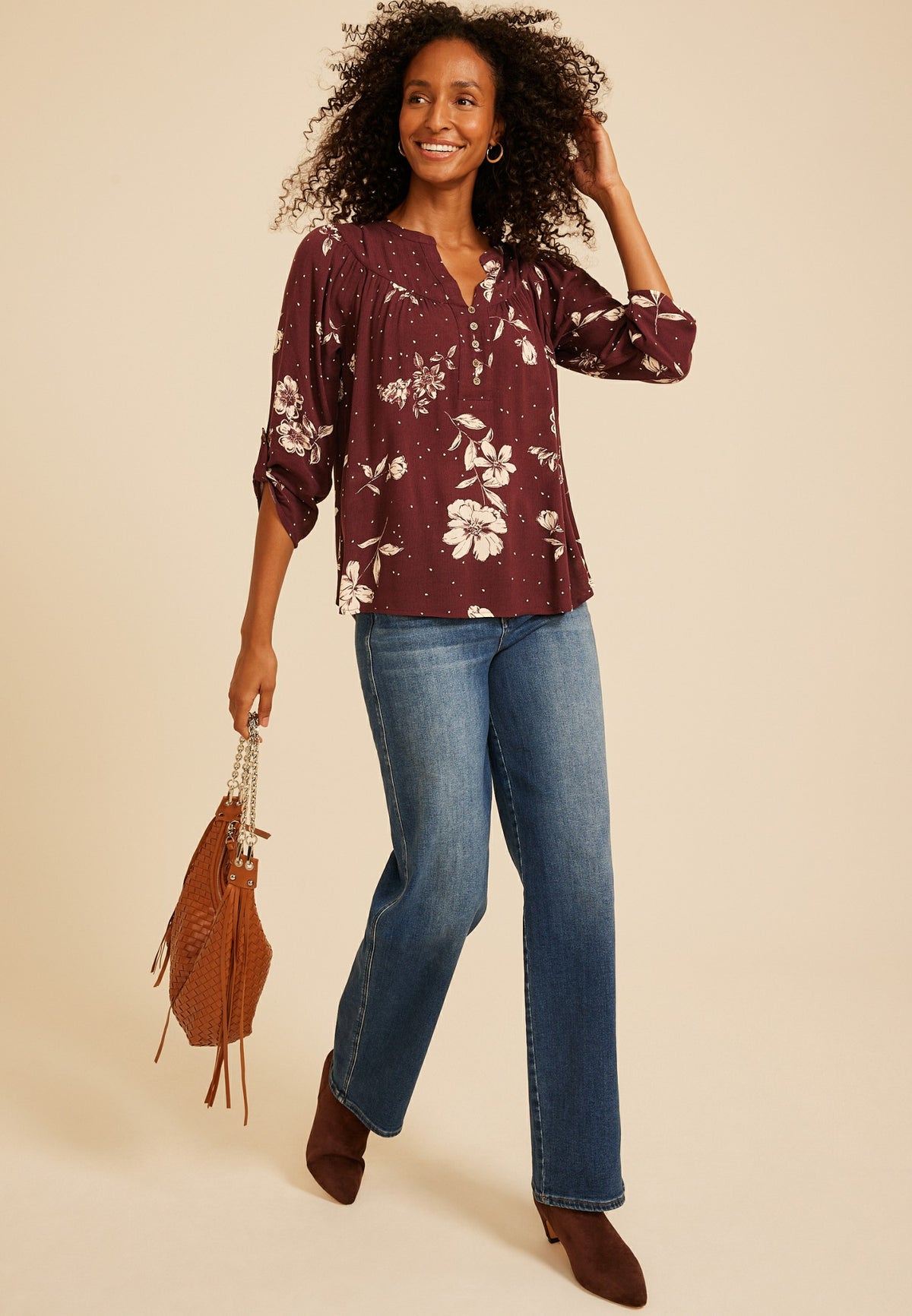 Maurices Floral Dot Henley Blouse