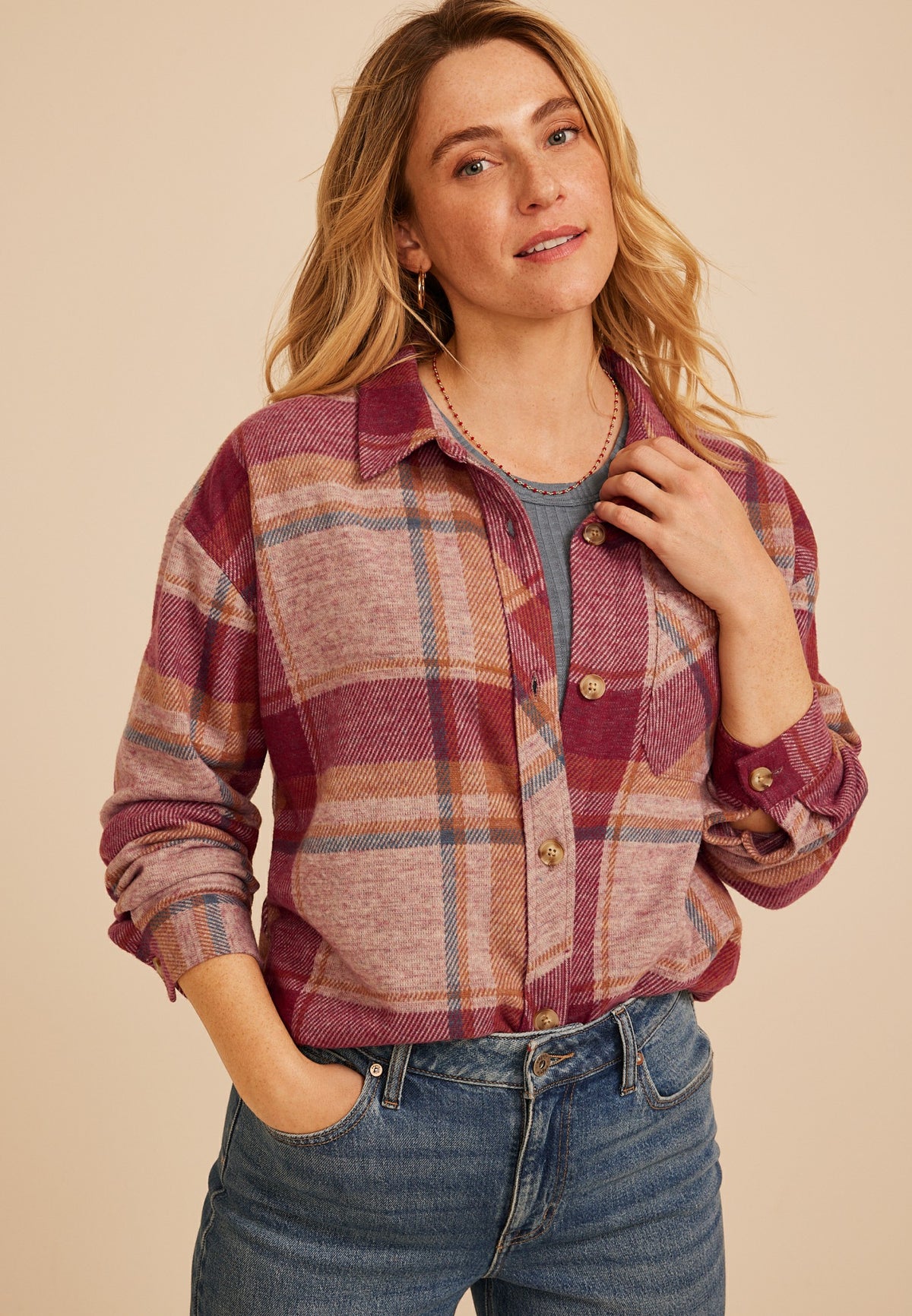 Maurices Knit Jacquard Plaid Button Front Shirt