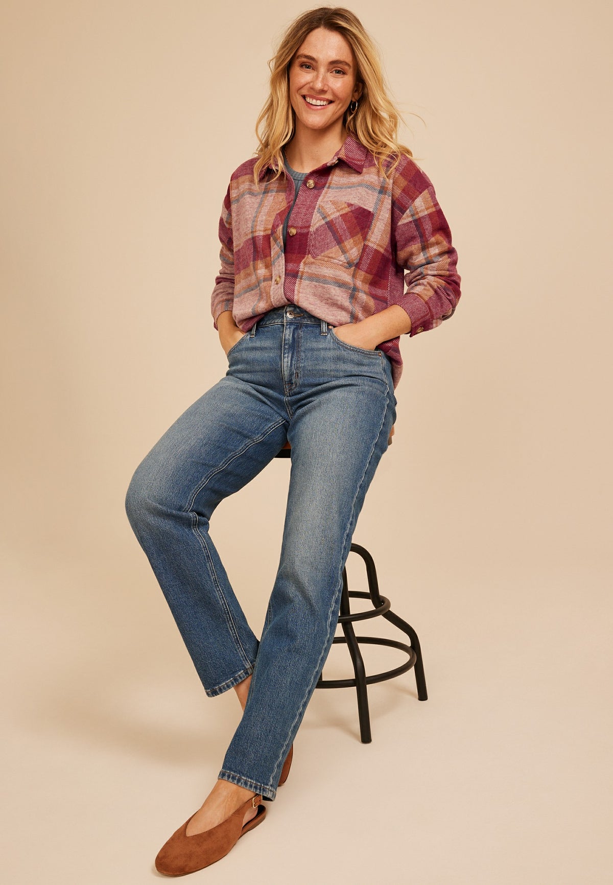 Maurices Knit Jacquard Plaid Button Front Shirt