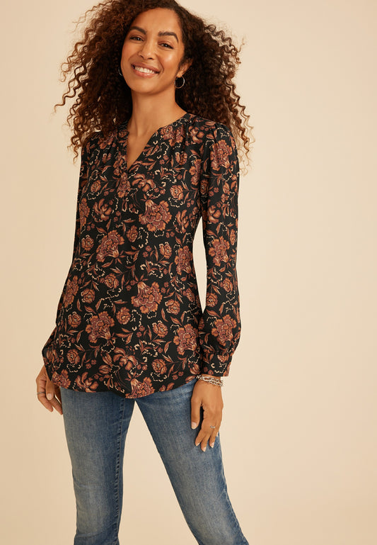 Maurices Floral Split V Neck Blouse