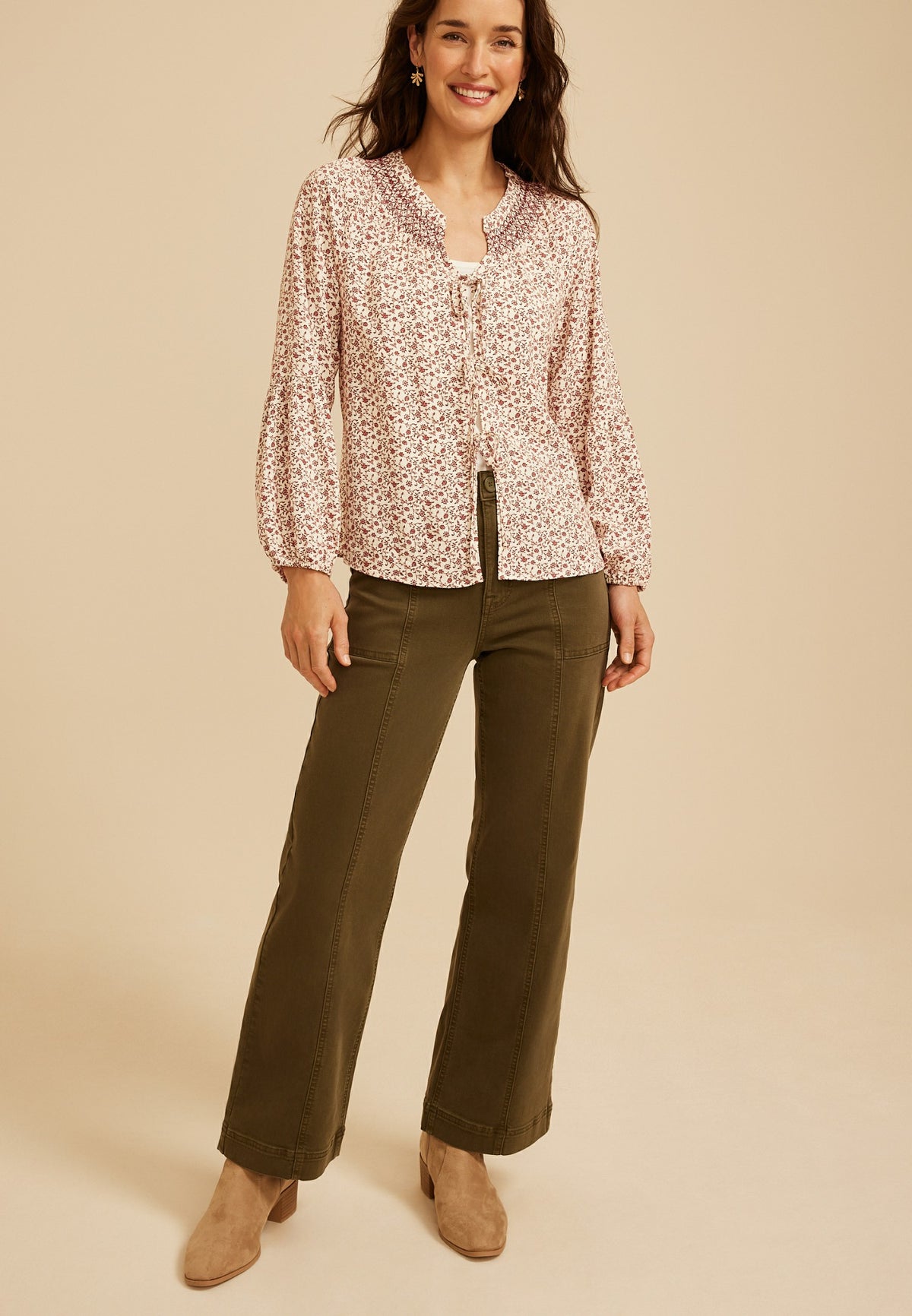 Maurices Floral Tie Front Peasant Top