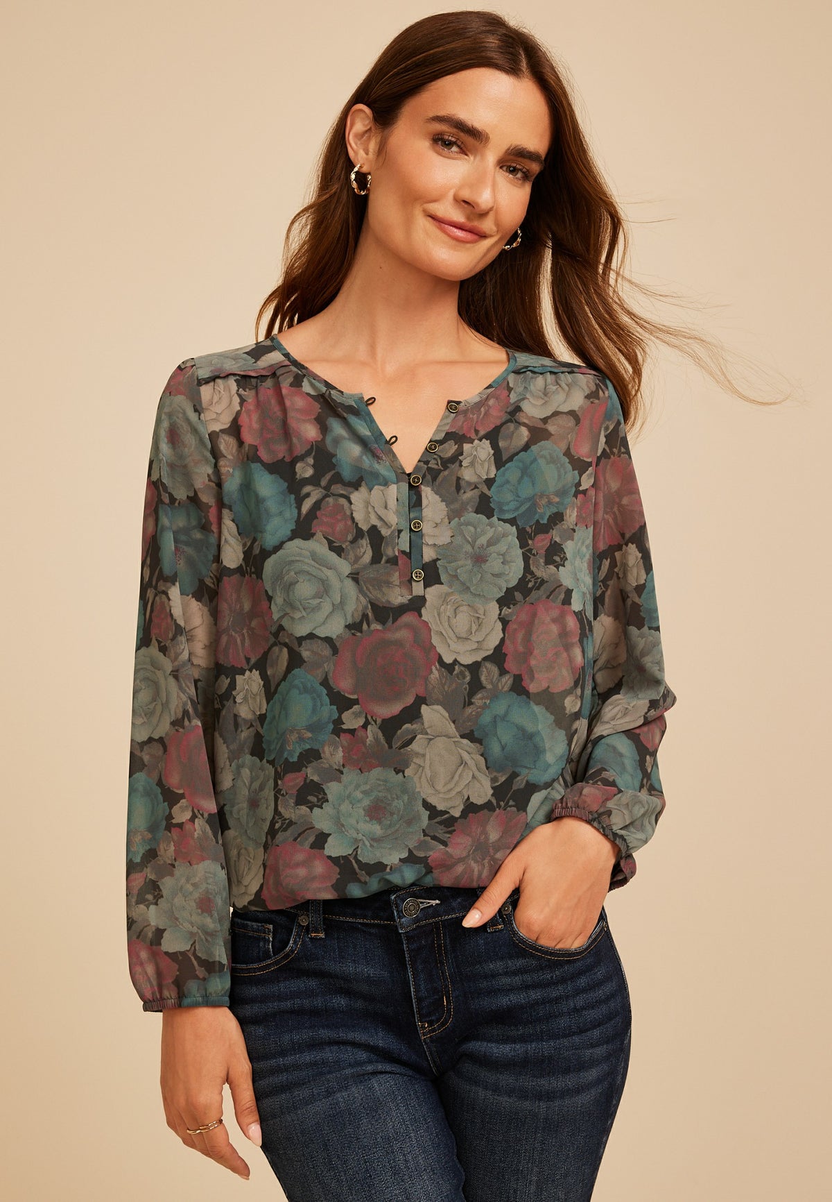 Maurices Floral Chiffon Henley Blouse