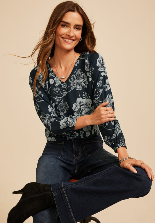 Maurices Floral V Neck Long Sleeve Blouse