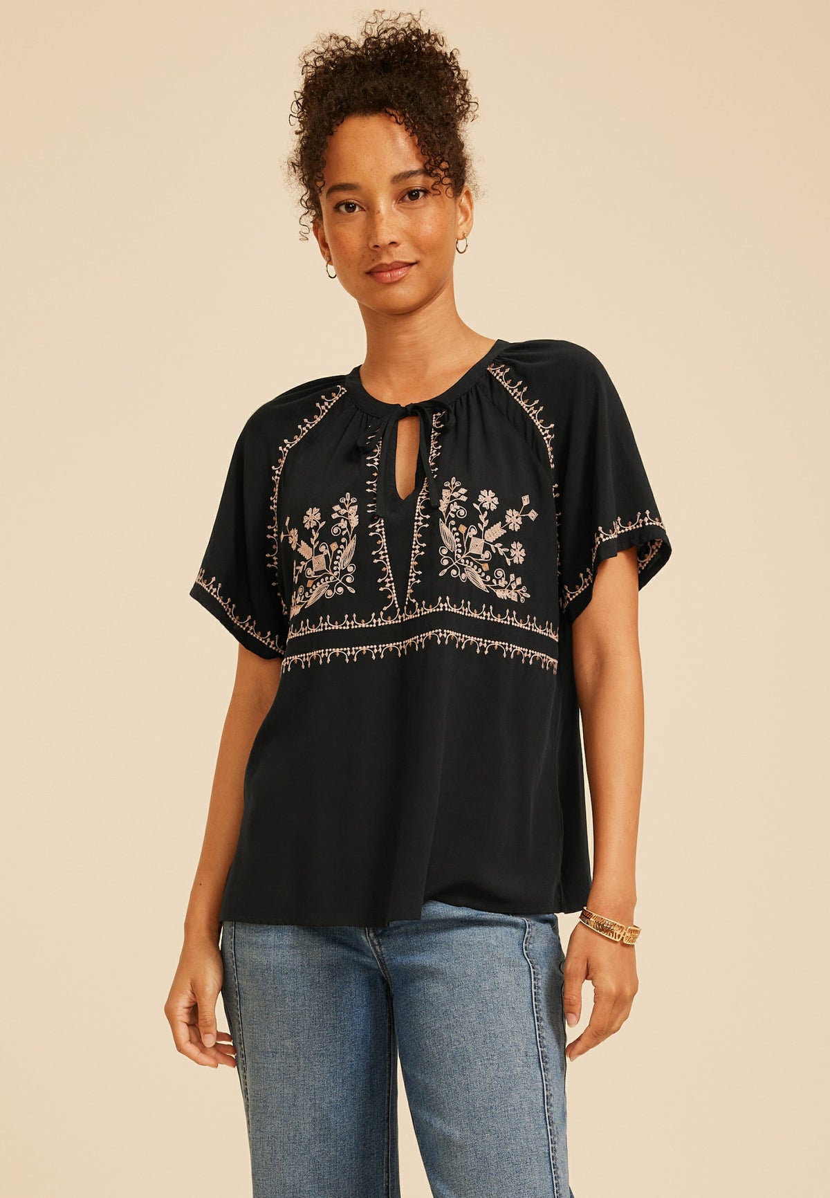 Maurices Embroidered Tie Front Peasant Top