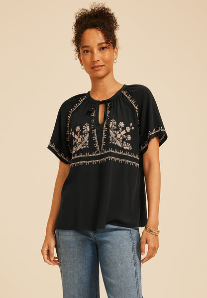 Maurices Embroidered Tie Front Peasant Top