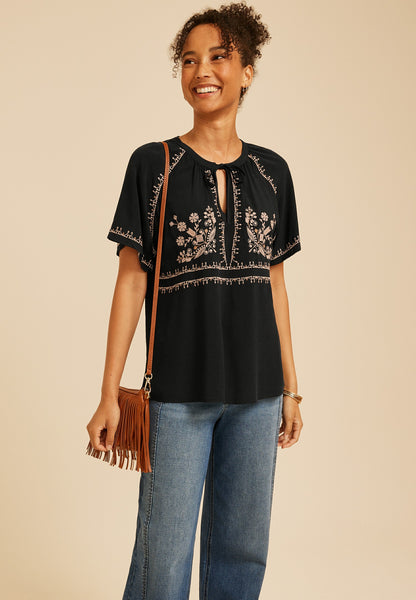 Maurices Embroidered Tie Front Peasant Top