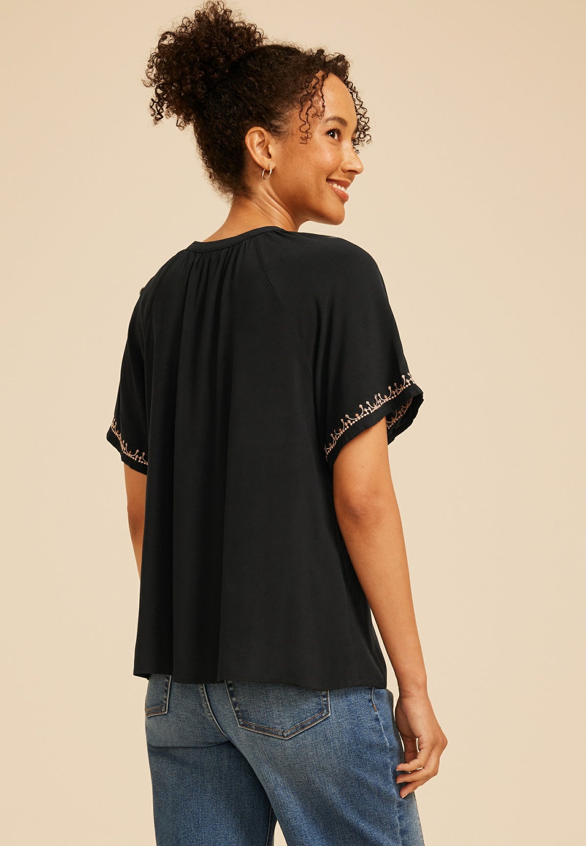 Maurices Embroidered Tie Front Peasant Top