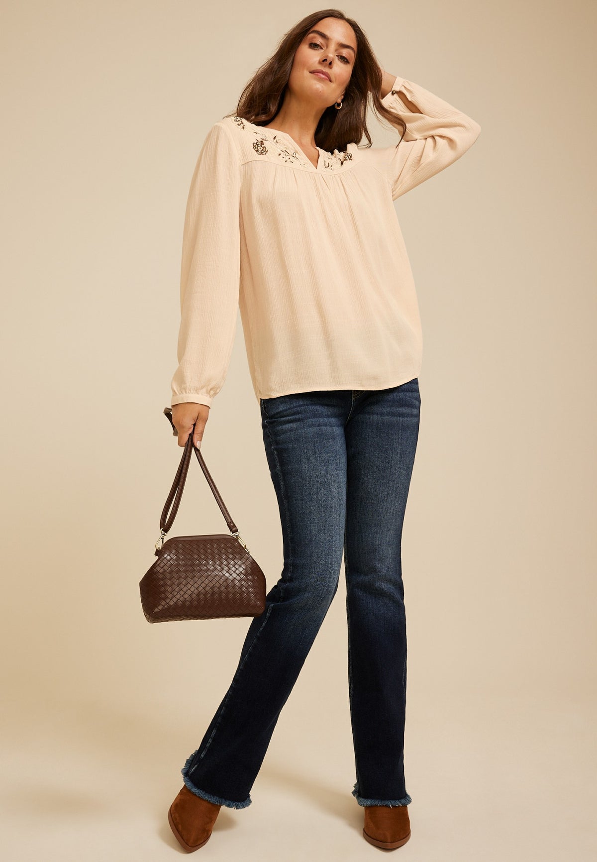 Maurices Studio Y Embroidered Beaded Peasant Blouse