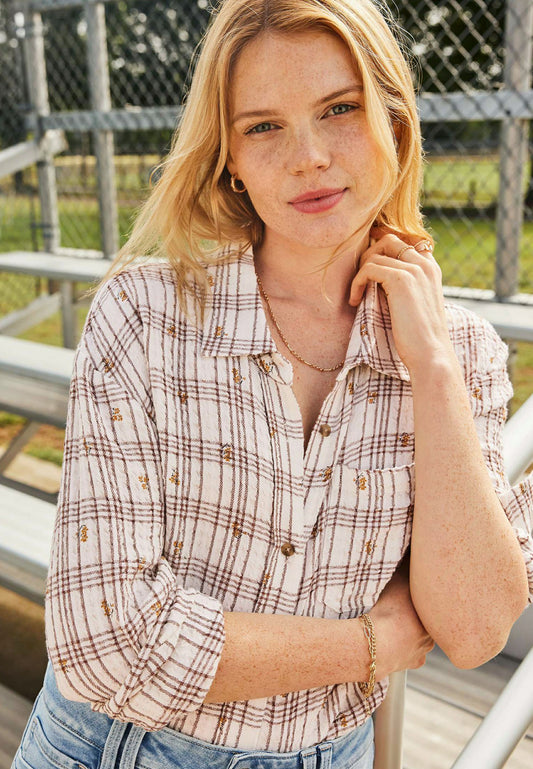 Maurices Pucker Plaid Floral Button Down Shirt