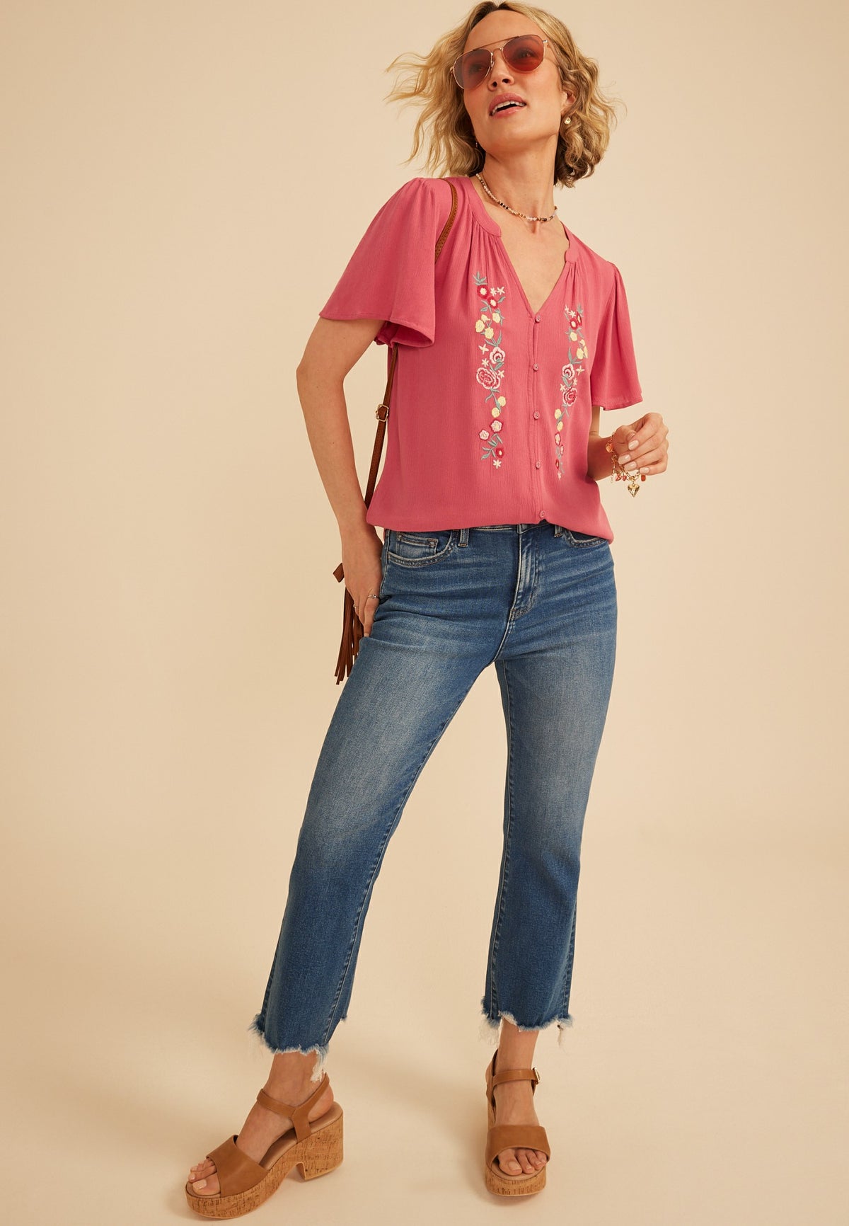 Maurices Floral Embroidered Button Front Flutter Sleeve Blouse