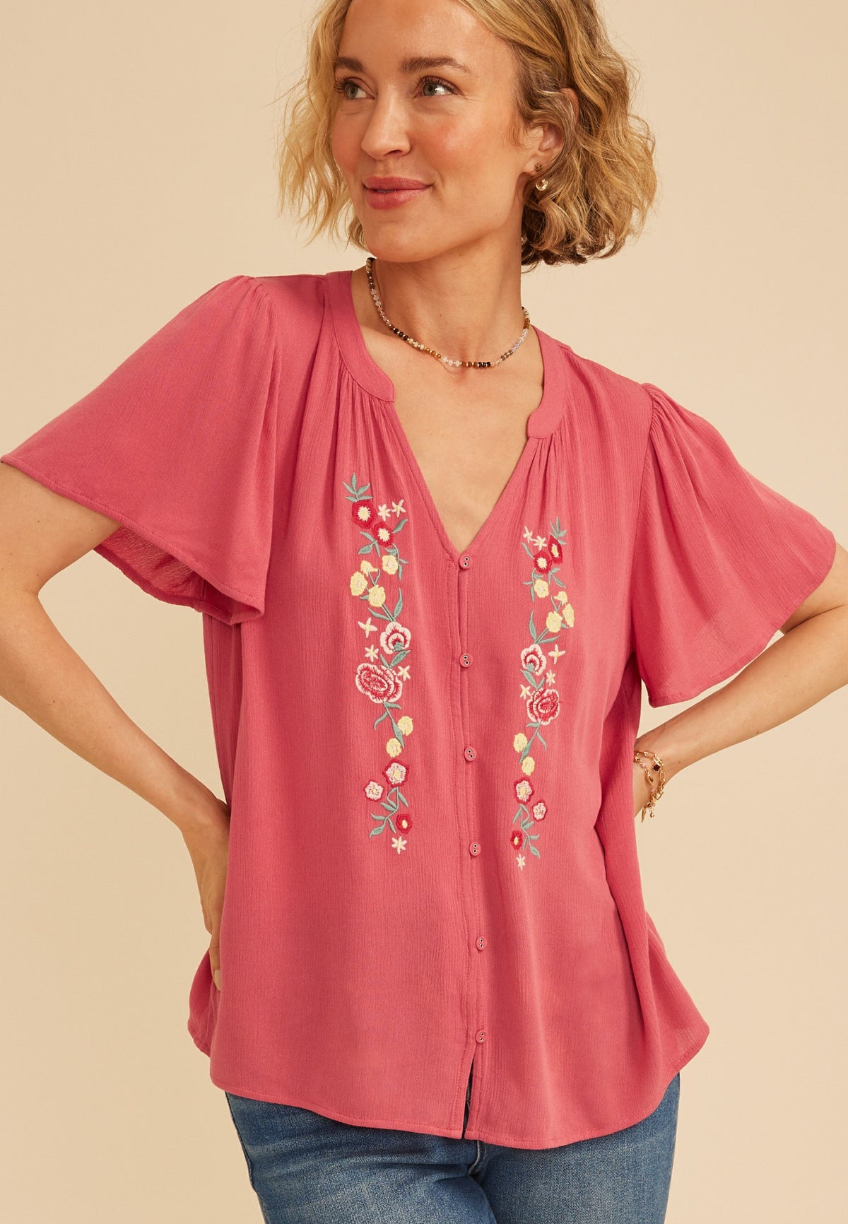 Maurices Floral Embroidered Button Front Flutter Sleeve Blouse