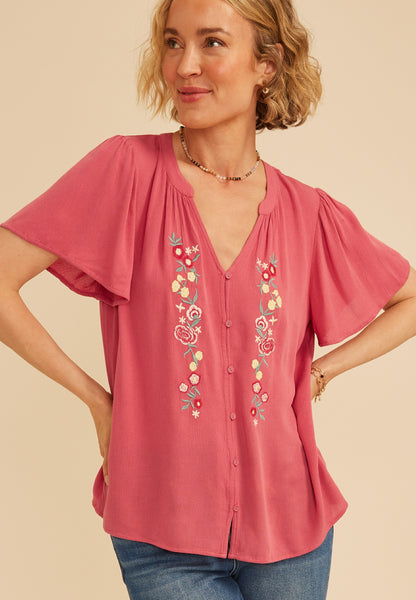 Maurices Floral Embroidered Button Front Flutter Sleeve Blouse