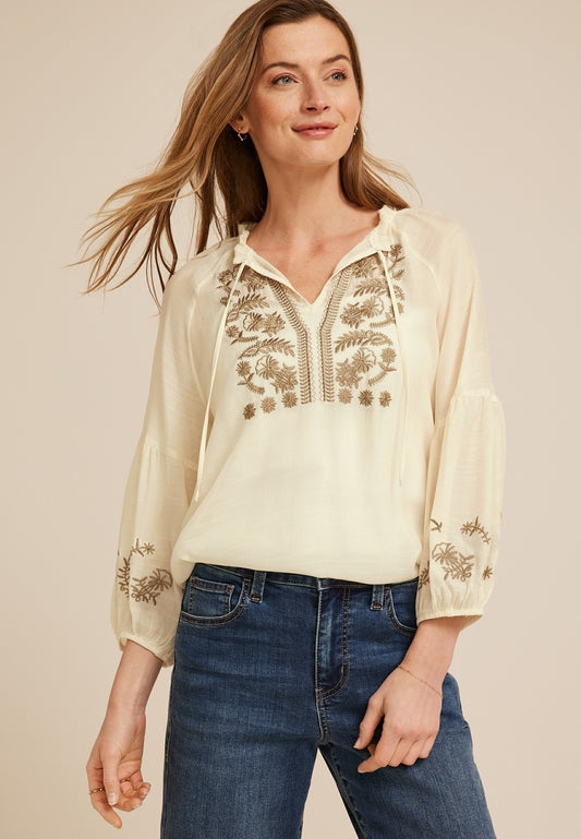 Maurices Floral Embroidered Long Sleeve Blouse