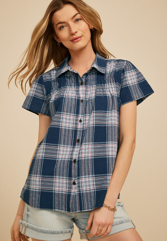 Maurices Blue Plaid Short Sleeve Button Down Shirt