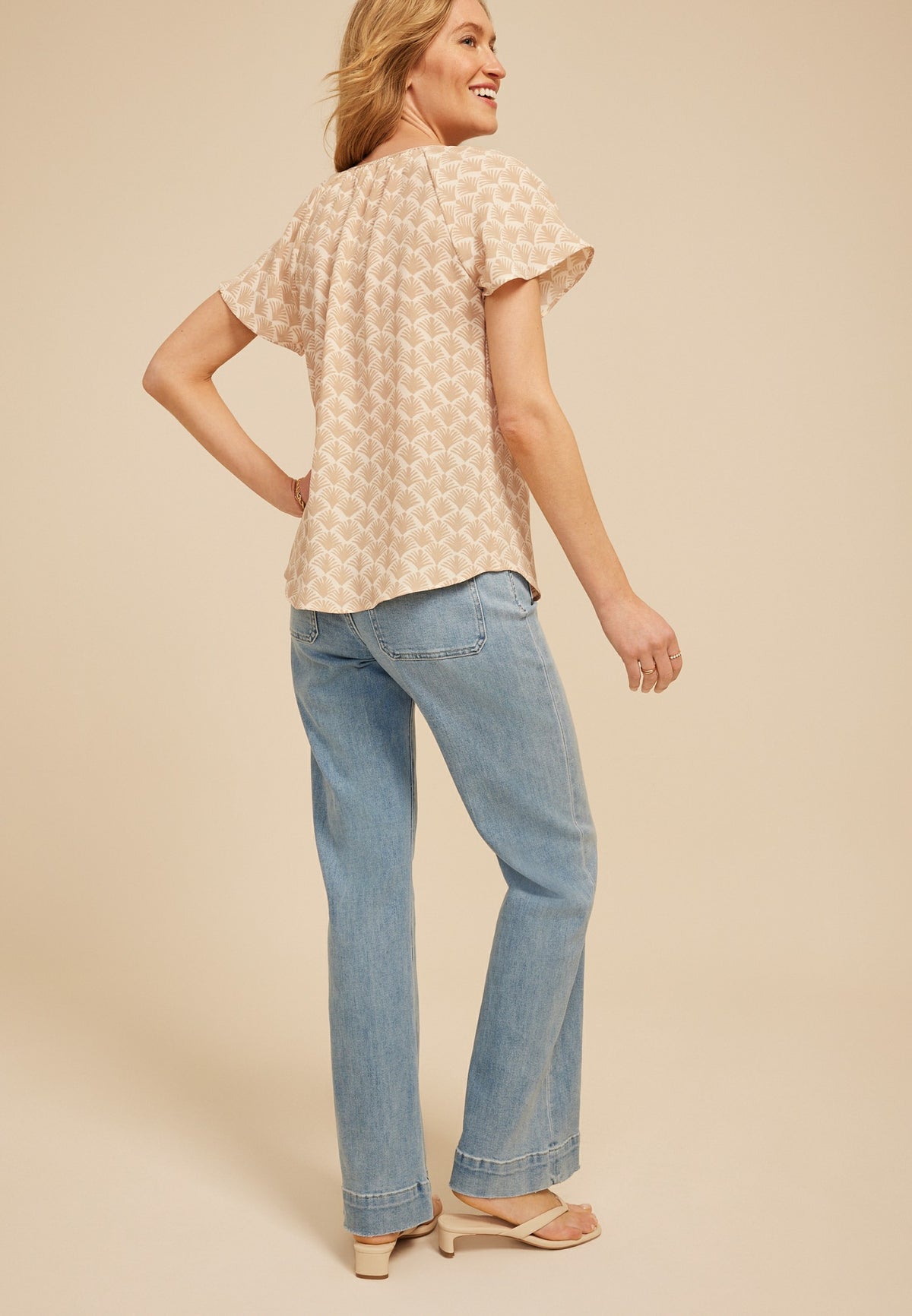 Maurices Deco Fan Notch Neck Flutter Sleeve Blouse