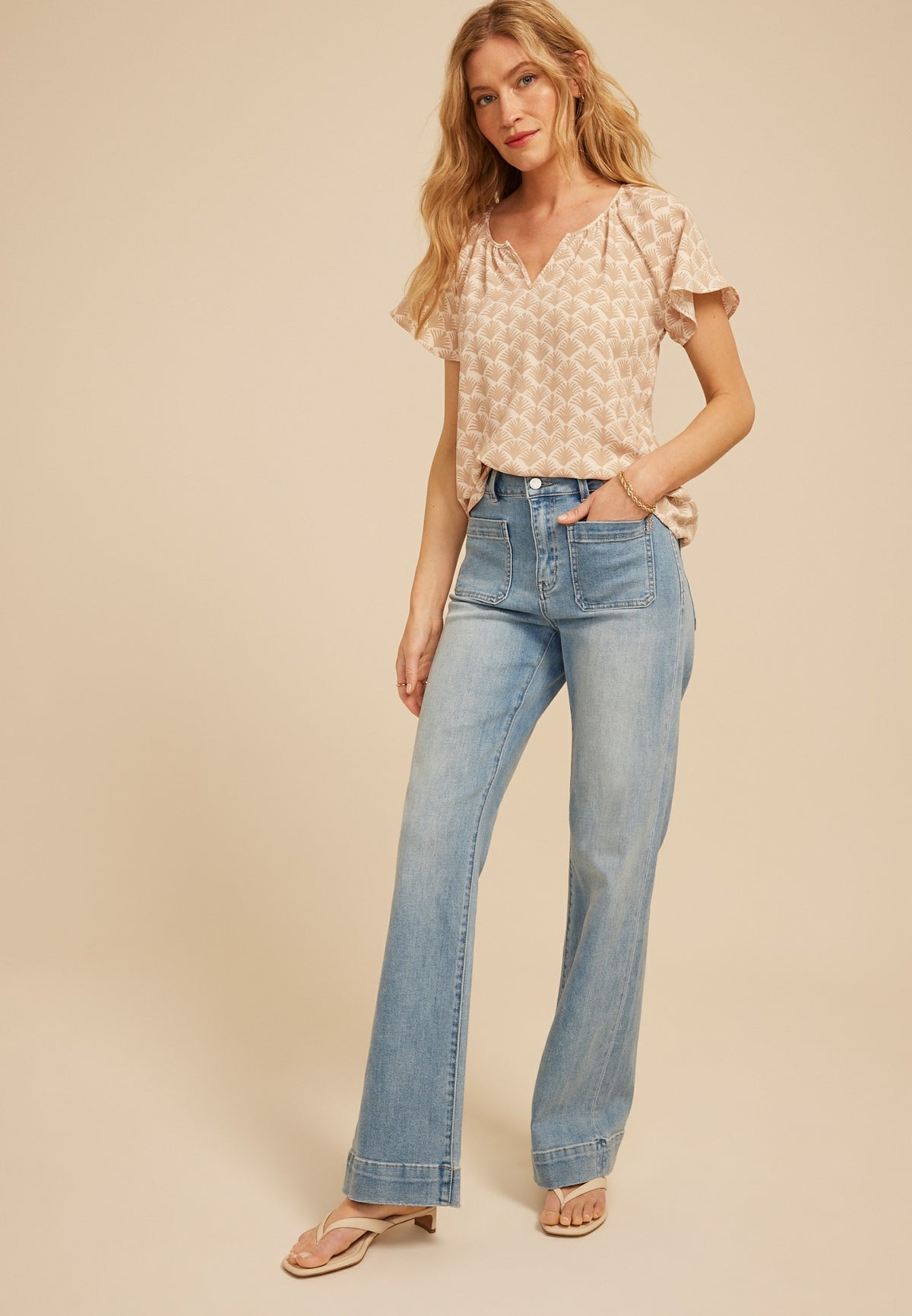 Maurices Deco Fan Notch Neck Flutter Sleeve Blouse