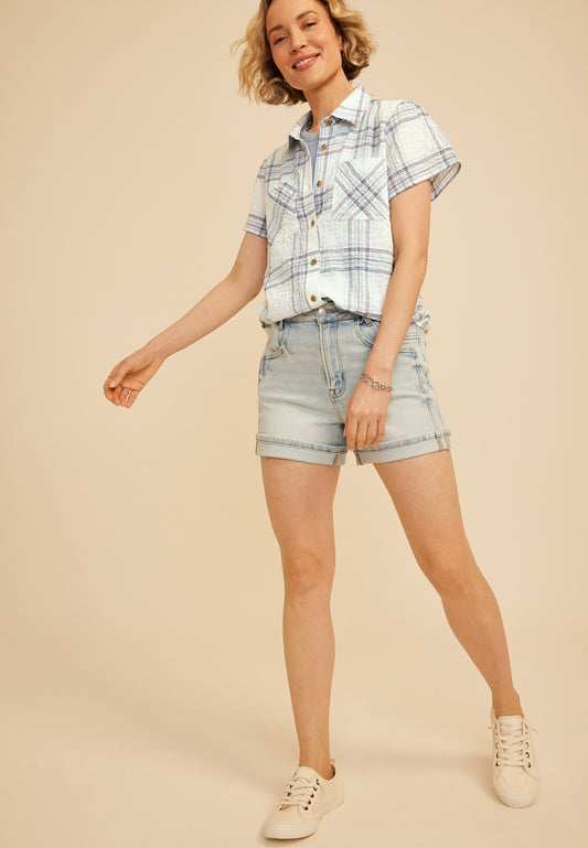 Maurices Plaid Cinched Short Sleeve Button Down Shirt