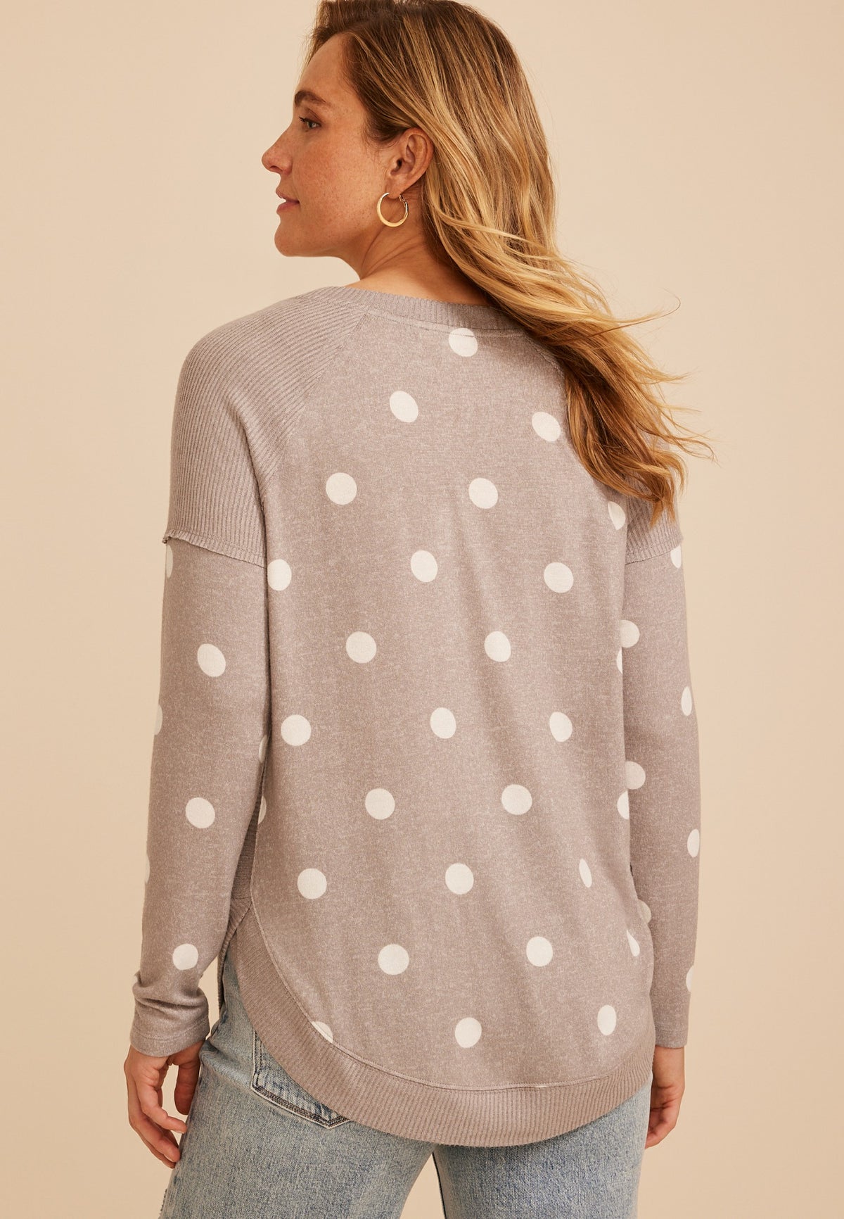 Maurices Haven Polka Dot Ribbed Trim Hacci Tunic Top