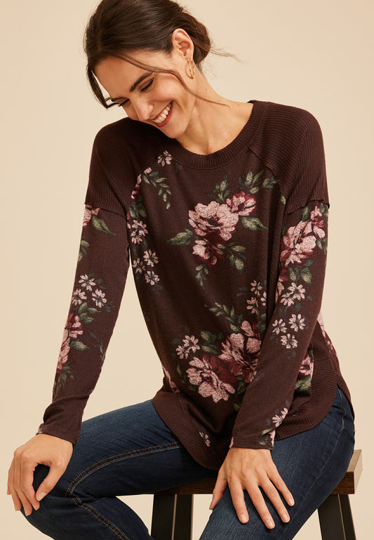 Maurices Haven Floral Ribbed Trim Hacci Tunic Top