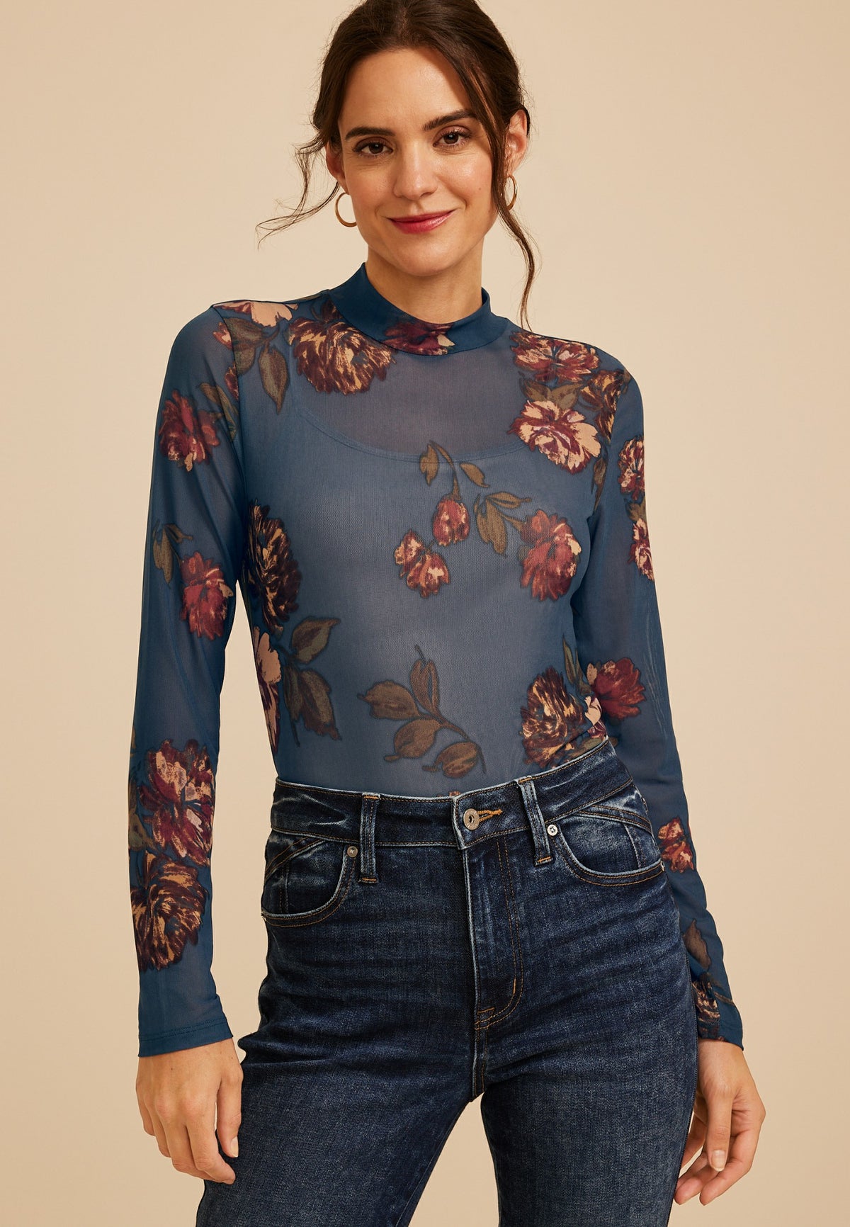 Maurices Floral Mesh Mock Neck Top