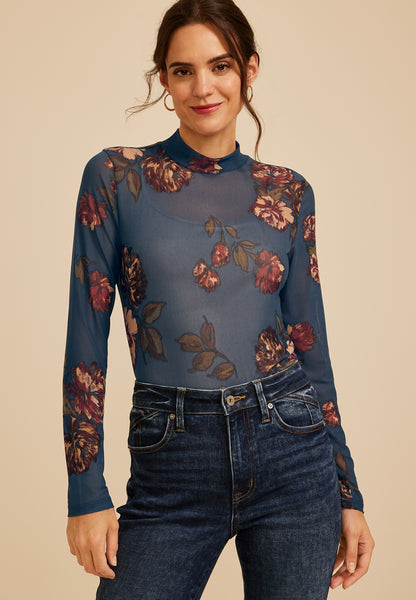 Maurices Floral Mesh Mock Neck Top