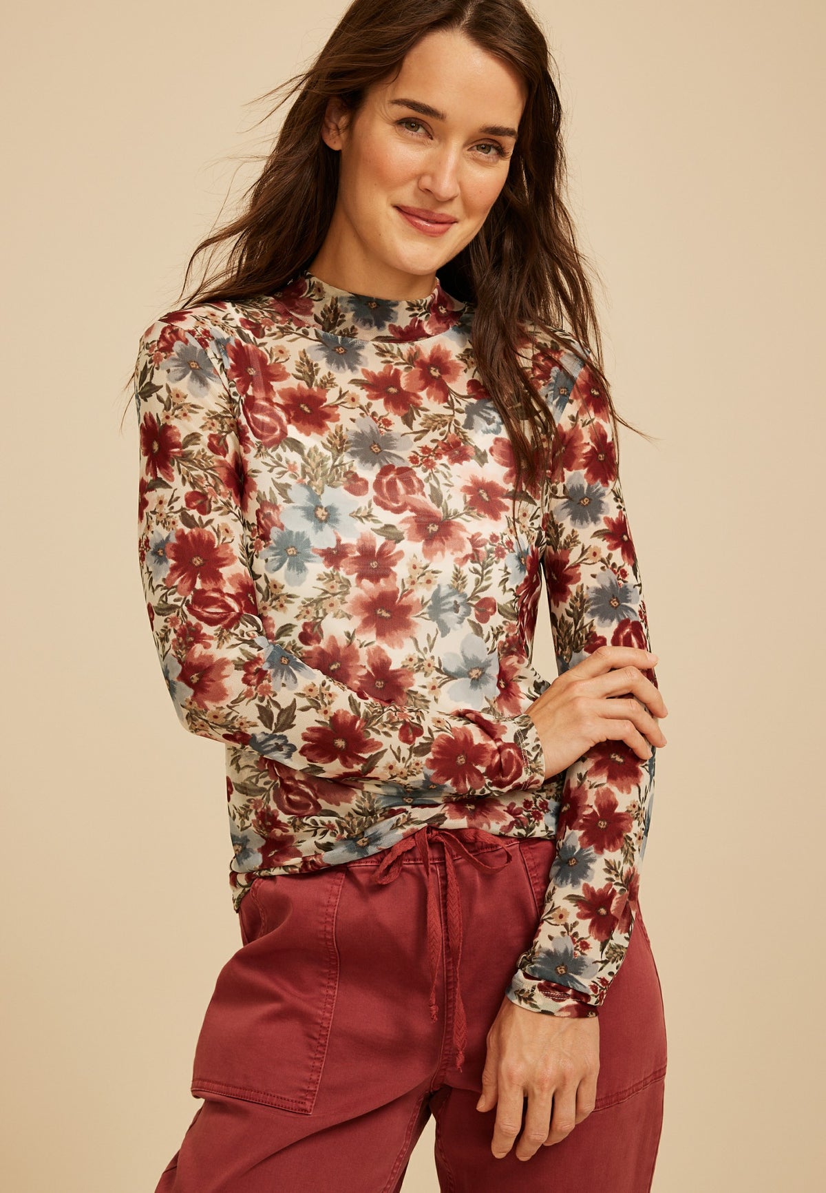 Maurices Floral Mesh Mock Neck Top