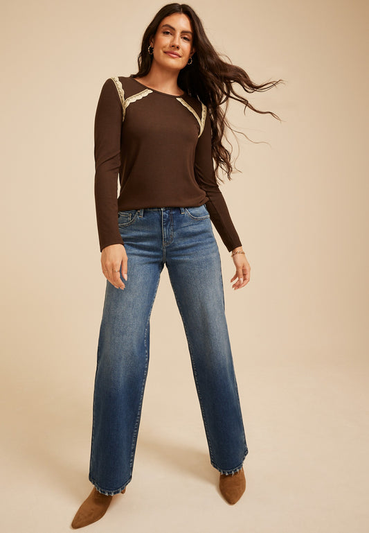 Maurices Crochet Trim Ribbed Raglan Top