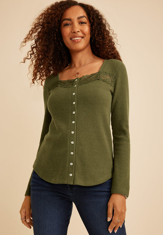 Maurices Lace Inset Waffle Knit Button Front Top