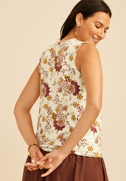 Maurices Floral Print Ruffle Trim V Neck Tank Top