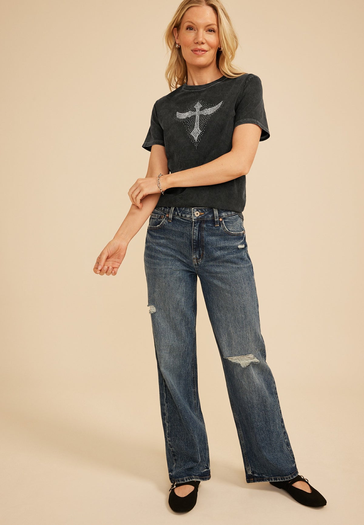 Maurices Rhinestone Winged Cross Standard Fit Graphic Tee