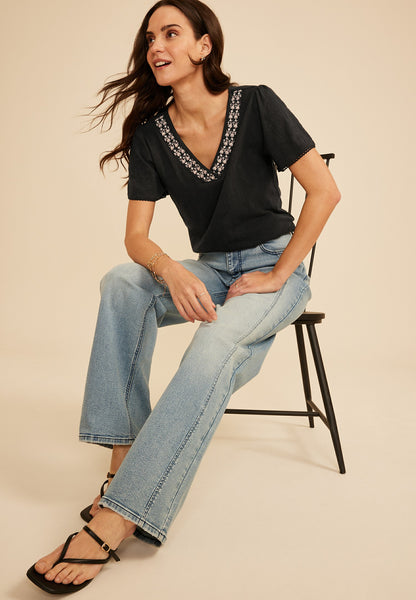 Maurices Floral Embroidered V Neck Blouse
