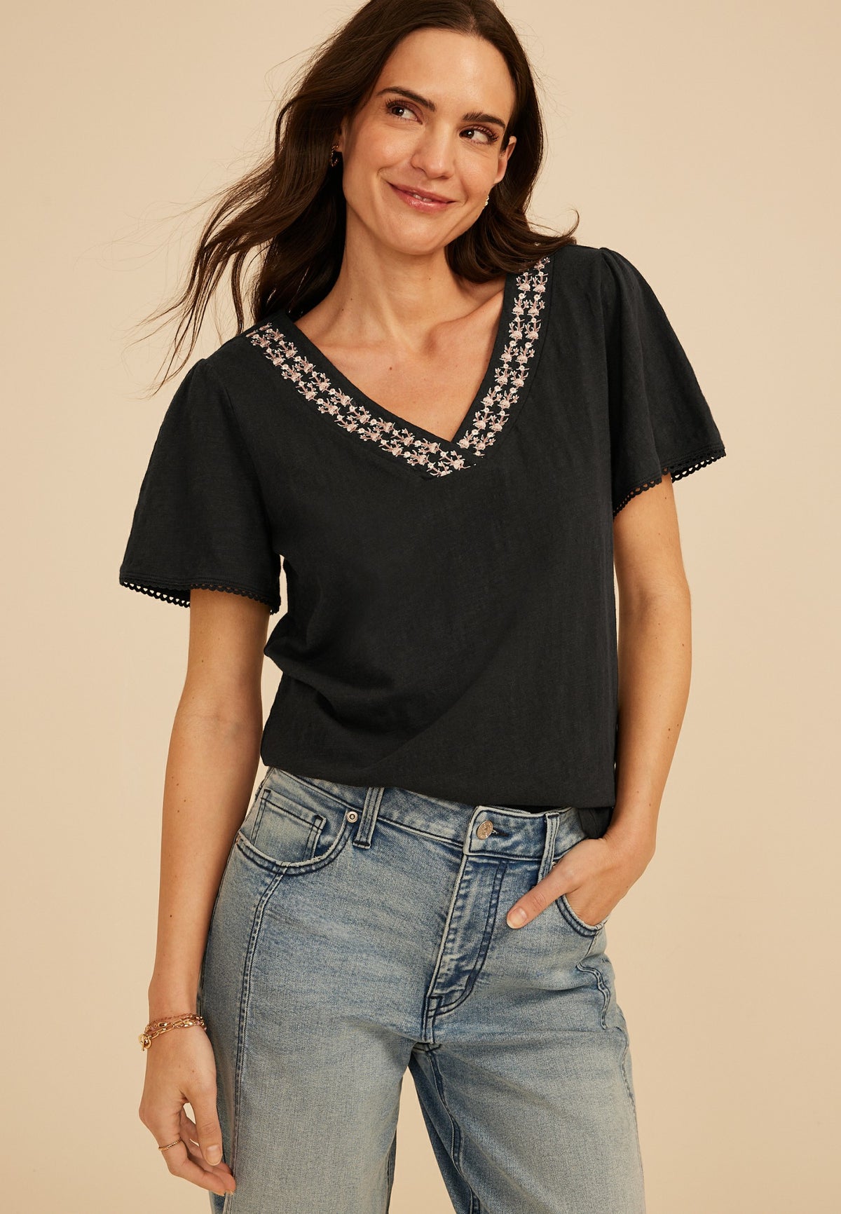 Maurices Floral Embroidered V Neck Blouse