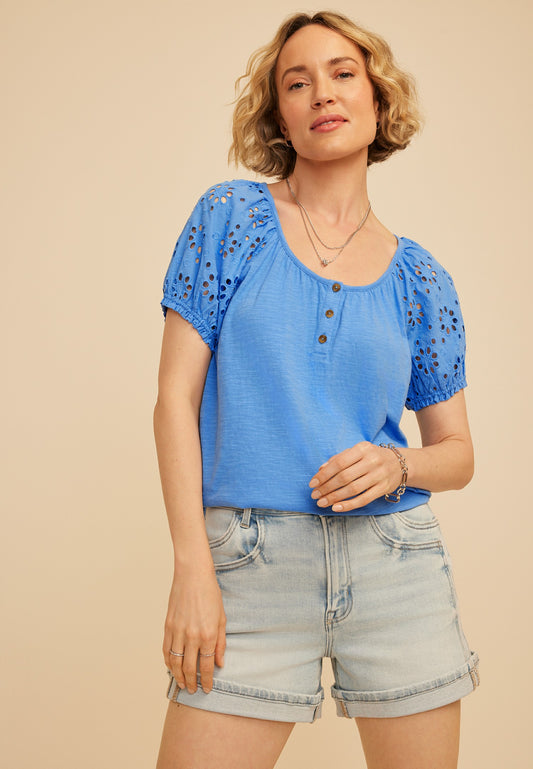 Maurices Mixed Media Eyelet Puff Sleeve Henley Tee