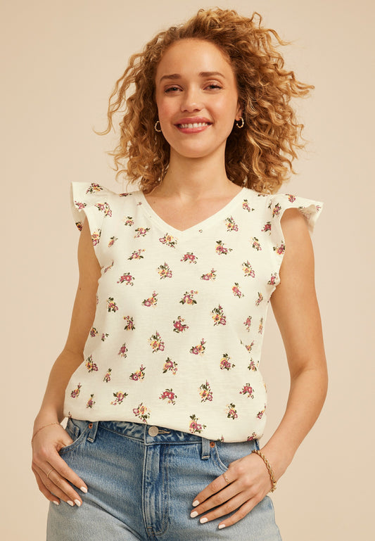 Maurices Floral V Neck Flutter Sleeve Tee