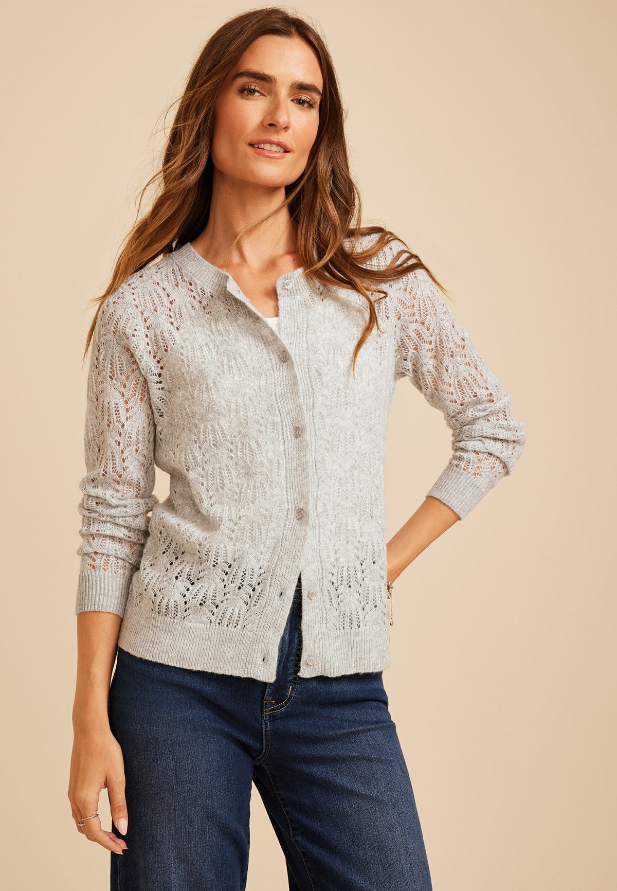 Maurices Pointelle Crew Neck Button Front Cardigan