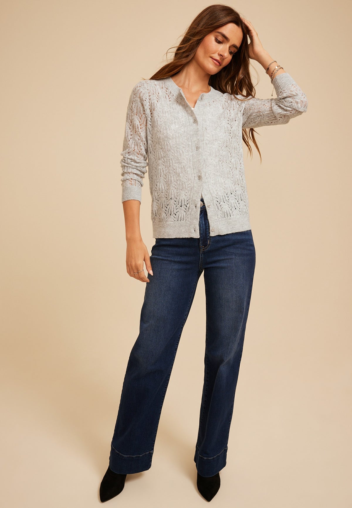 Maurices Pointelle Crew Neck Button Front Cardigan