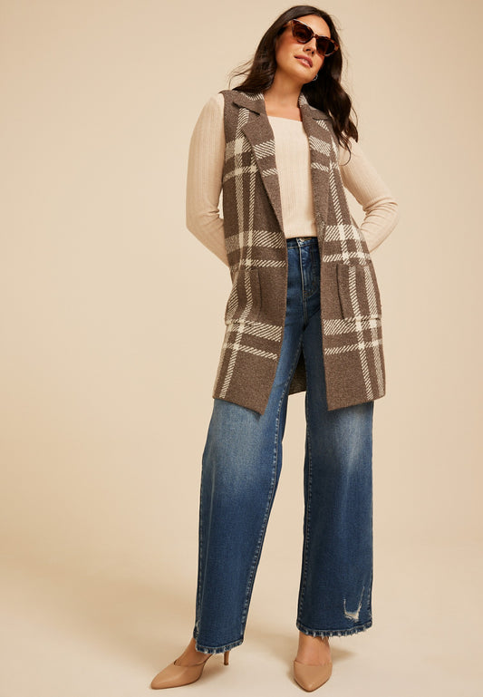 Maurices Plaid Duster Length Open Front Vest