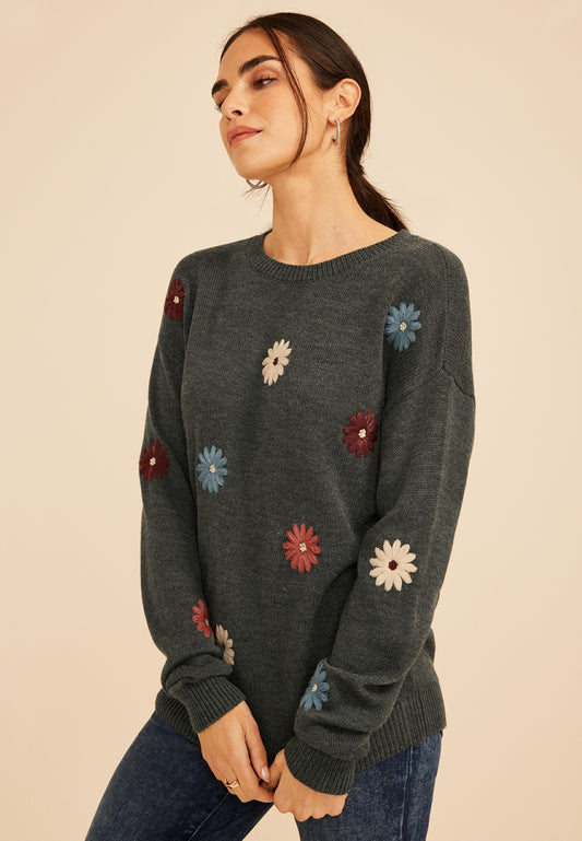 Maurices Embroidered Floral Crew Neck Sweater