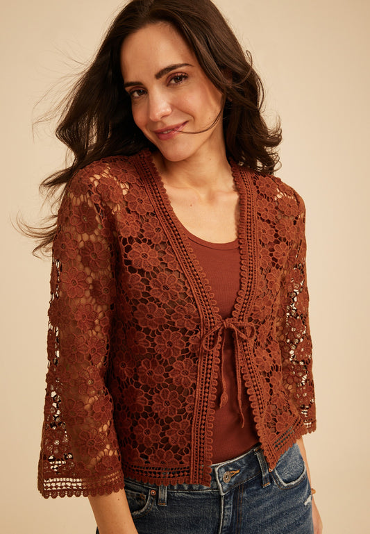 Maurices Floral Crochet Tie Front Cardigan